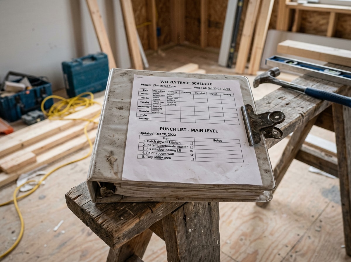Organized job site binder with a weekly trade schedule and punch list on a clipboard at a home renovation