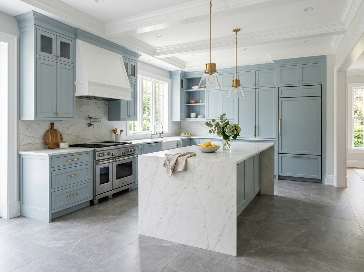 Finished high-end kitchen remodel showing coordinated flooring, custom cabinetry, and painted trim