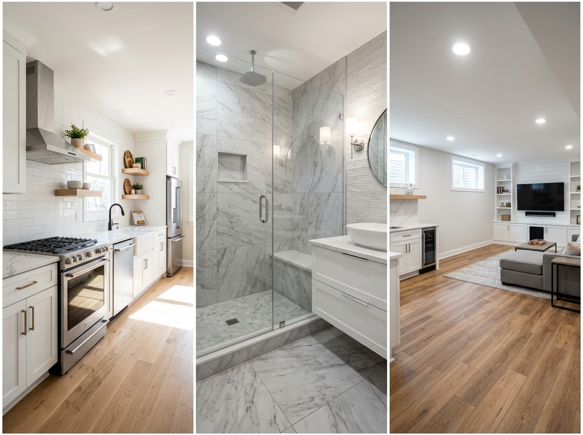 Collage of finished kitchen, bathroom, and basement remodeling projects