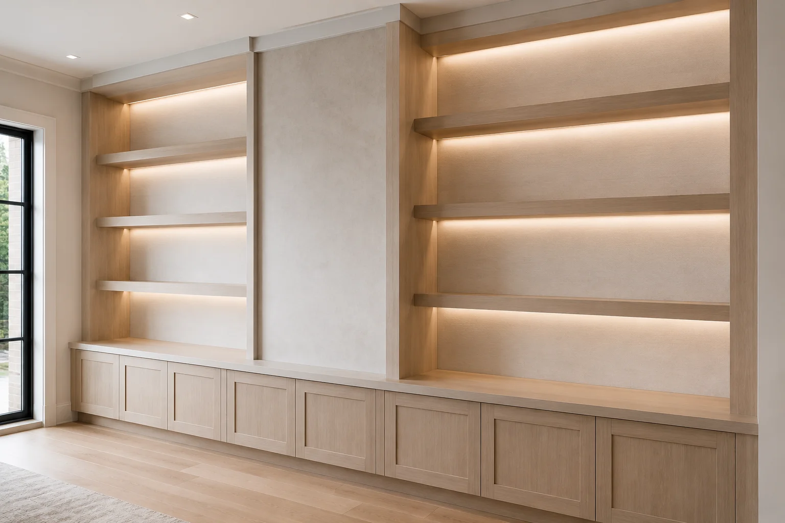 Light wood built-in shelving with LED lighting, recessed panel cabinetry base, and open shelves