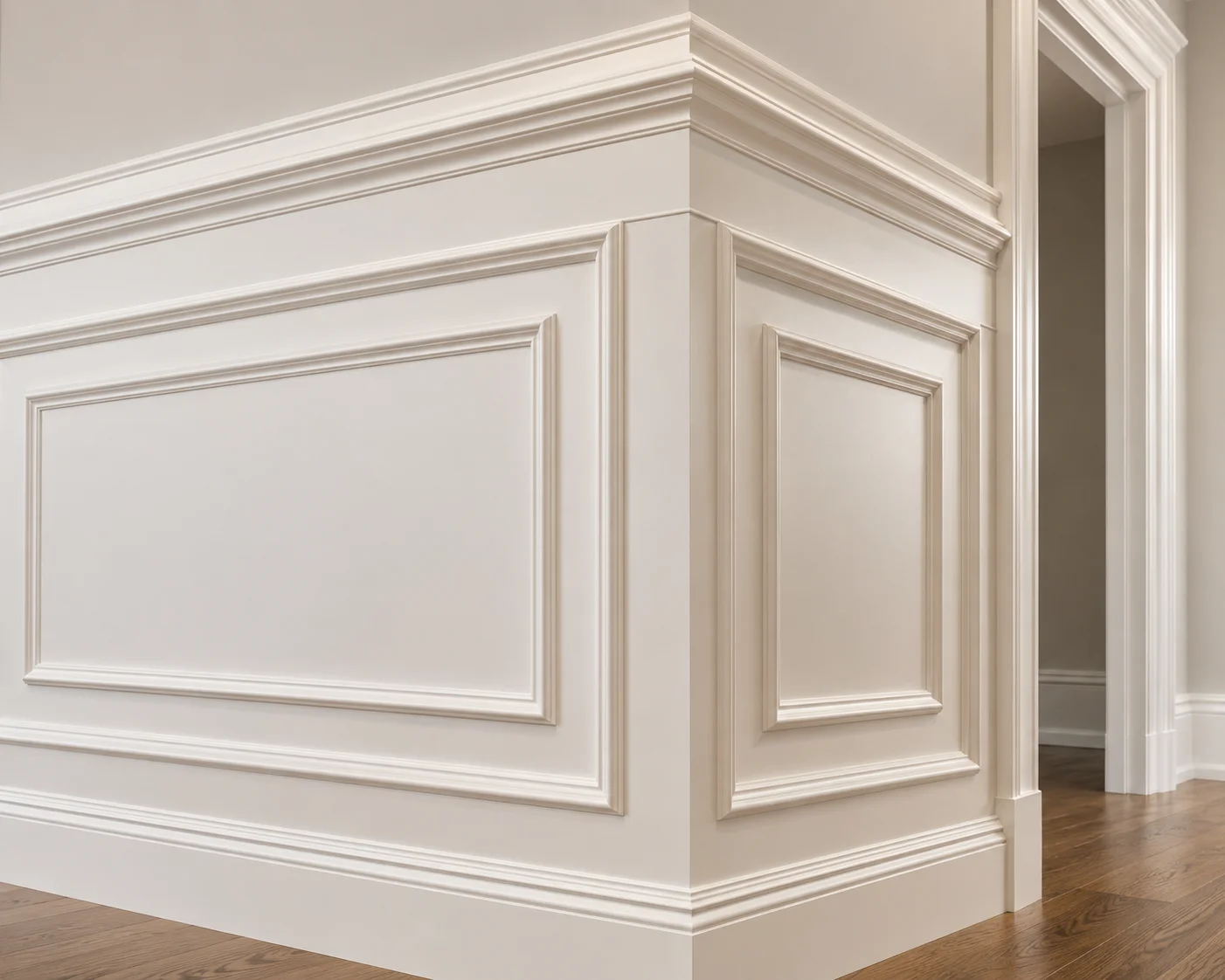White painted recessed panel wainscoting with crown molding and baseboard trim installation