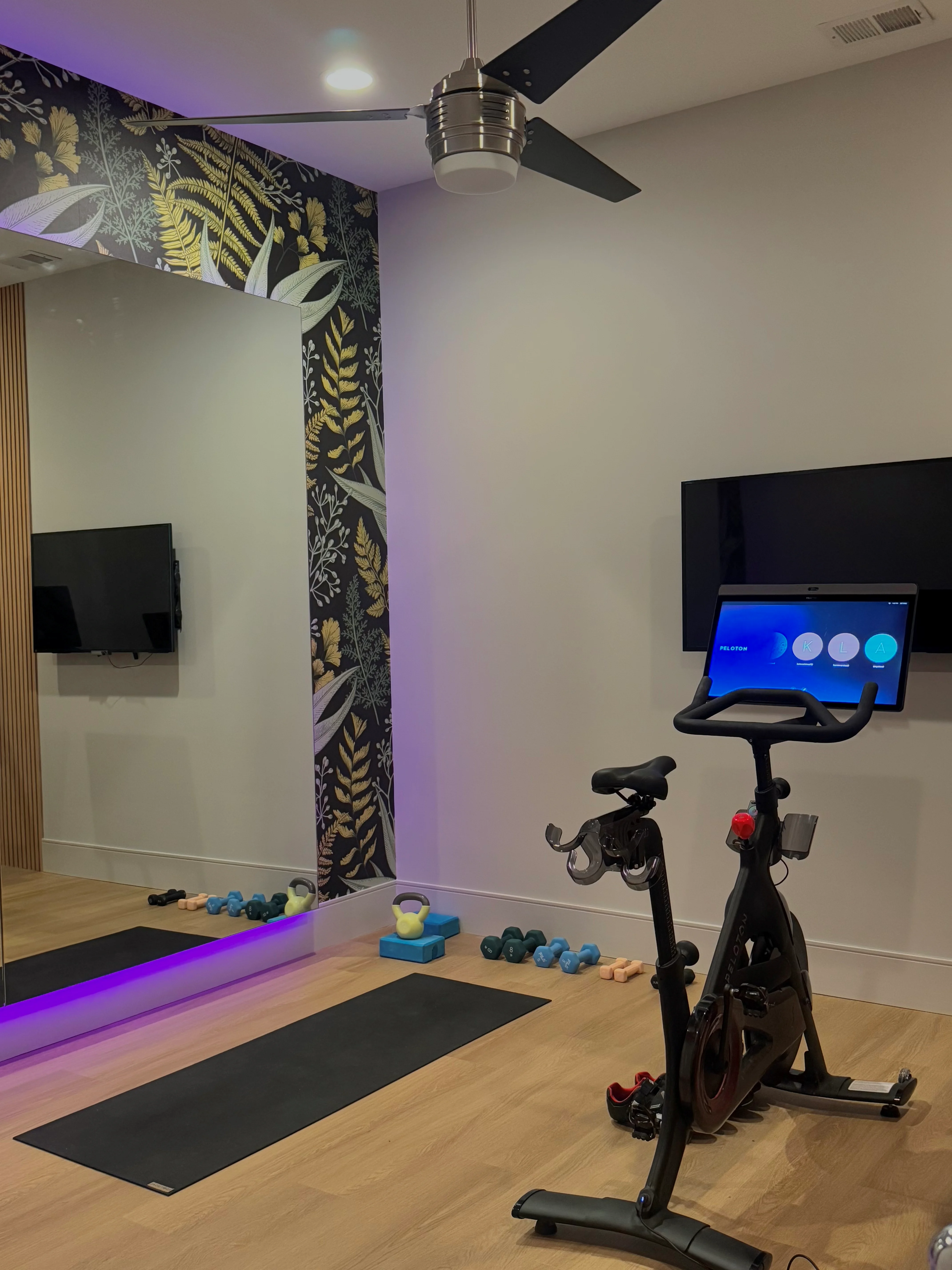 Home gym with hardwood floors, botanical accent wall, exercise bike, weights, and ceiling fan