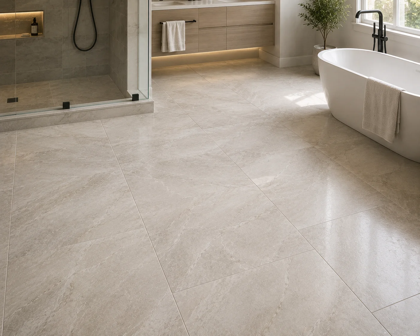 Large format porcelain tile flooring, wood cabinetry, frameless shower, and freestanding tub in modern bathroom