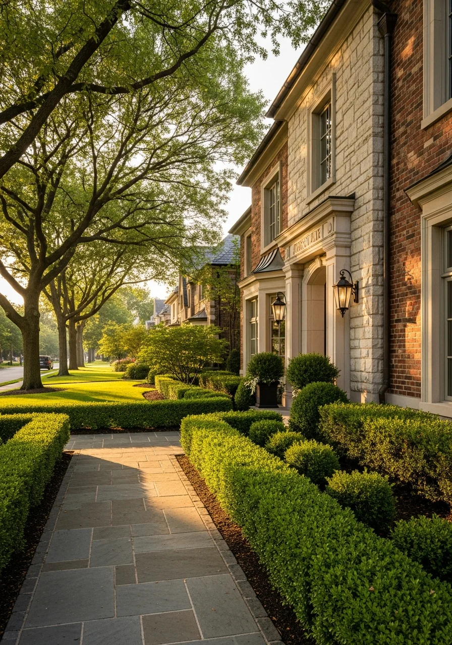 Hinsdale home entrance with quality landscaping and architectural detail.
