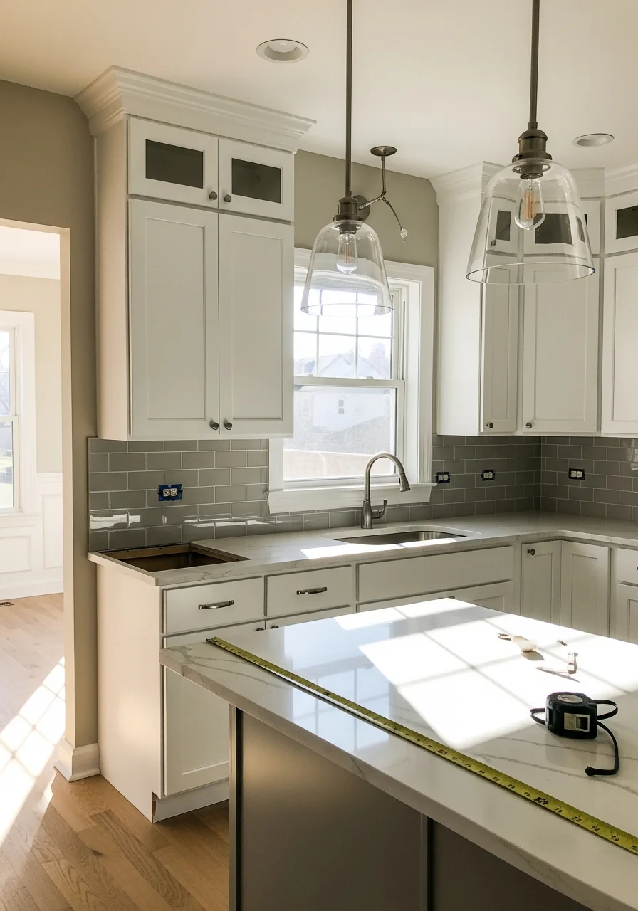 Modern kitchen renovation with custom cabinetry and large-format tile backsplash in Lombard home