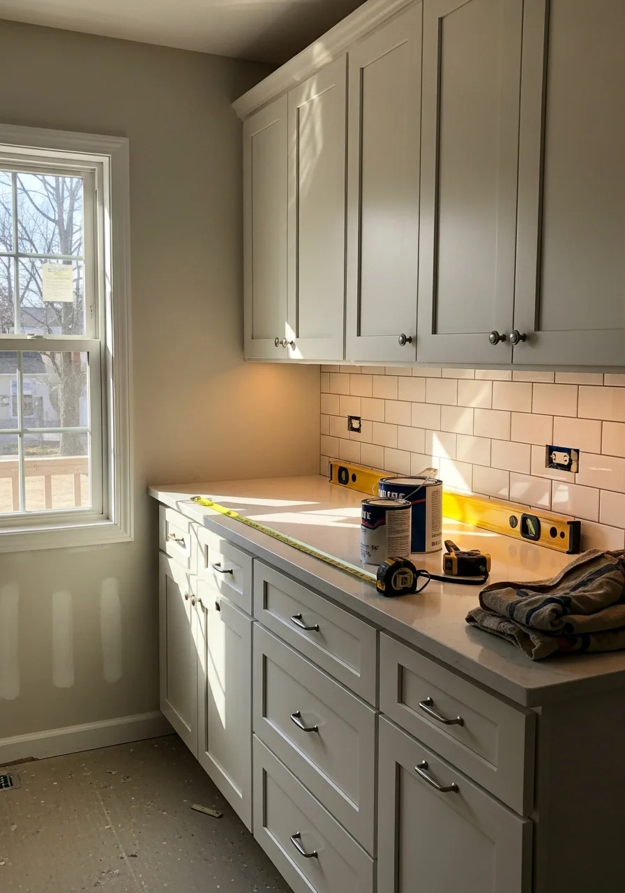 Modern kitchen renovation with custom cabinetry and tile backsplash in Willow Springs home