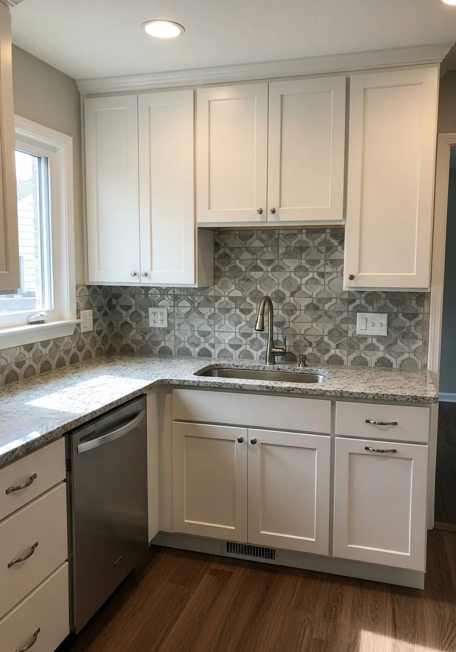 Modern kitchen renovation with custom cabinetry and tile backsplash in Woodridge home