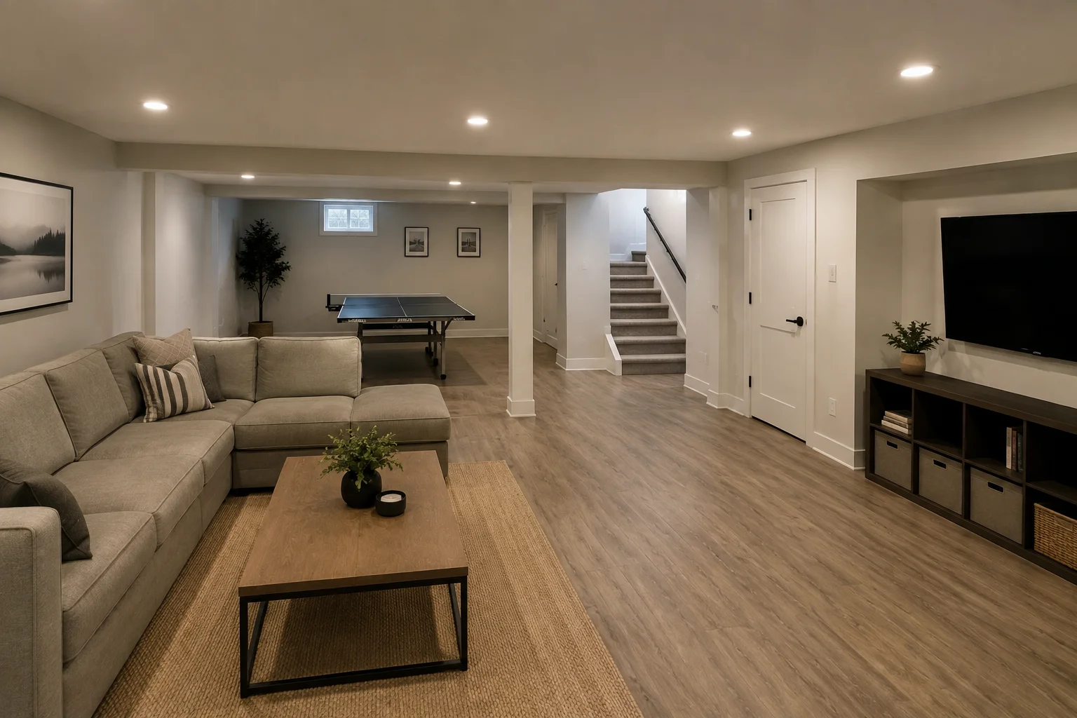 Finished basement in a Westmont, IL single-family home featuring recessed lighting, drywall walls, and durable plank flooring installed by Pro One Builders Group. The open layout shows a family room setup with a designated home office area along one wall.