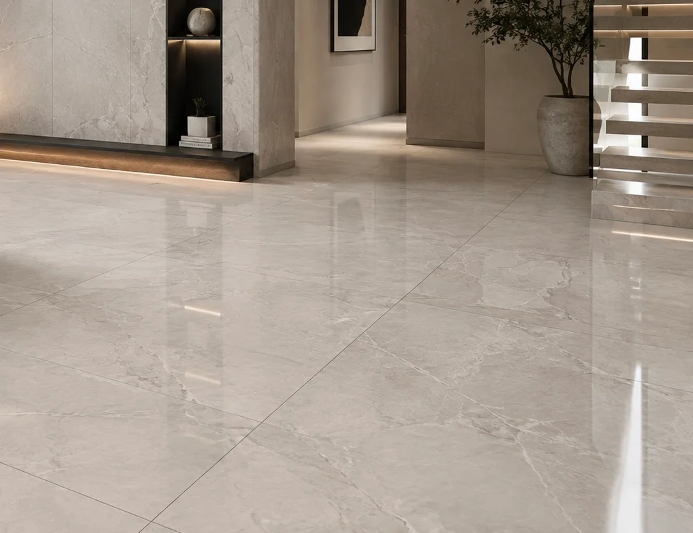 Freshly installed large-format porcelain tile floor in a Westmont home kitchen, showing wide seamless tiles with minimal grout lines and a flat, even surface. The installation covers the full floor from the entryway through the open living area.
