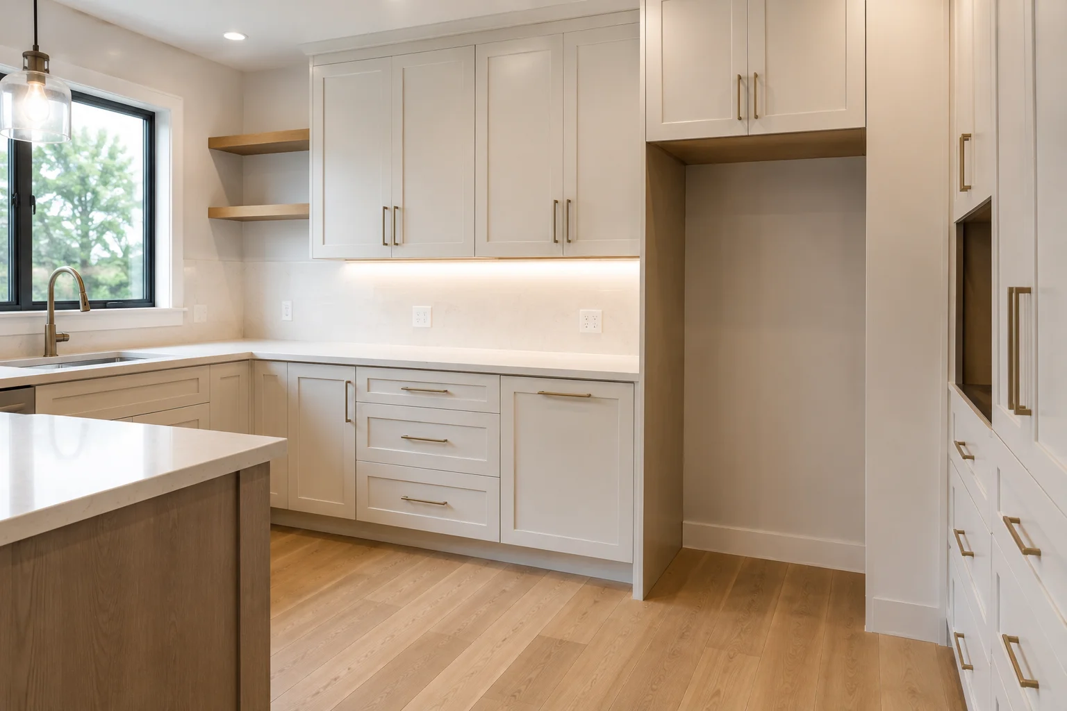 Newly installed wood-finish kitchen cabinets with open shelving and lower base units in a Westmont, Illinois home. Upper and lower cabinet runs are fully aligned and mounted flush against painted drywall in a mid-century split-level kitchen layout.