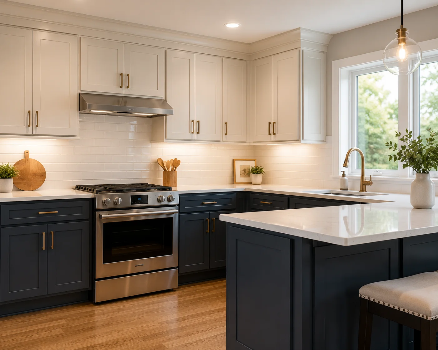 Freshly painted white kitchen cabinets with smooth, brush-mark-free doors in a Westmont, Illinois home. Cabinet frames and drawer fronts show an even, clean finish consistent with professional prep and priming work.