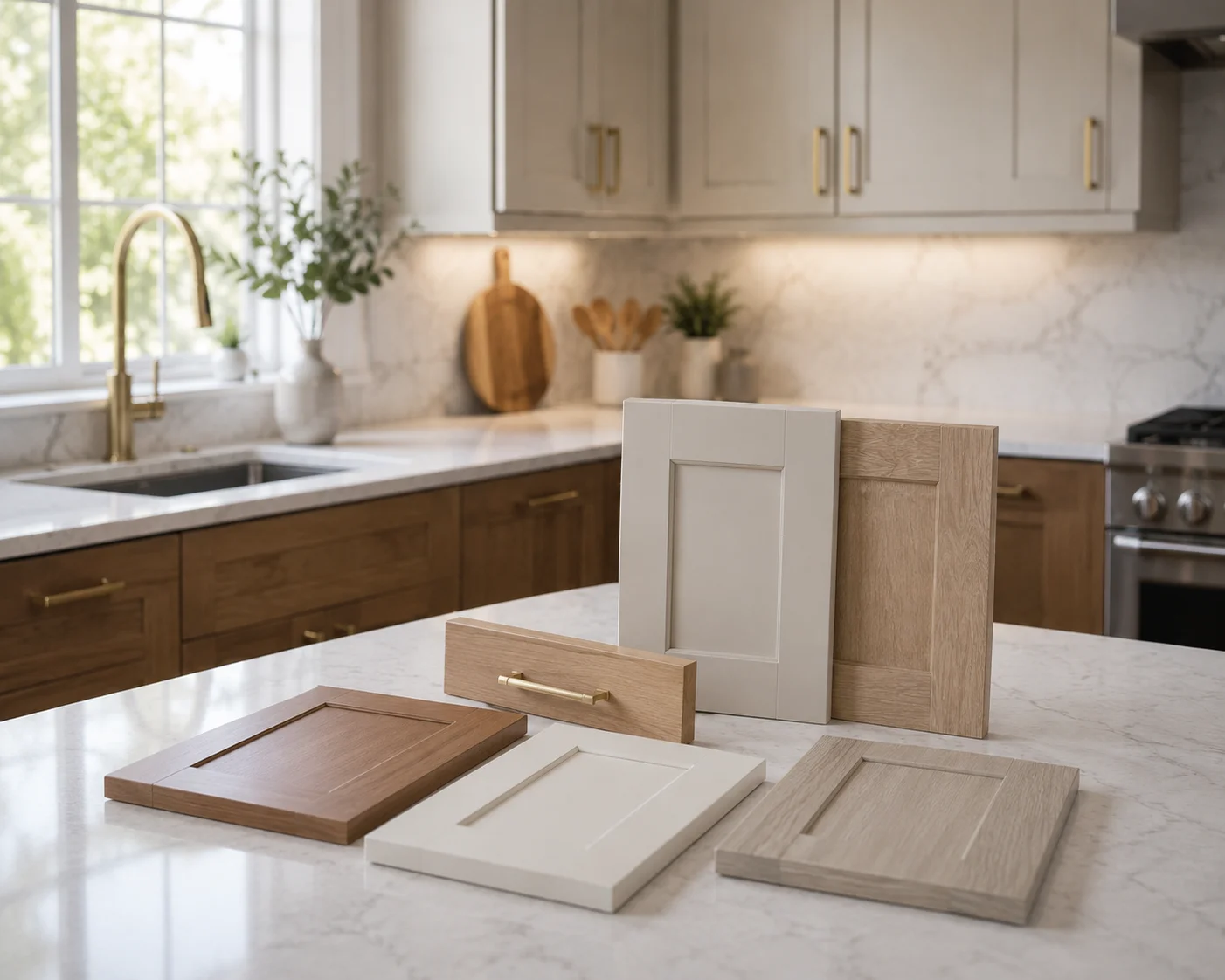 Refaced kitchen cabinets in a Westmont, Illinois home showing new flat-panel doors, updated drawer fronts, and fresh hardware installed over the original cabinet frames. The kitchen layout remains unchanged with countertops and flooring undisturbed.