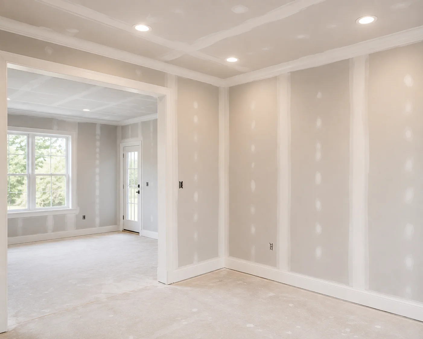 A freshly finished interior wall in a Westmont home showing smooth, seam-free drywall ready for primer and paint. Close-up view highlights even joint compound work across a corner and flat wall surface after sanding.
