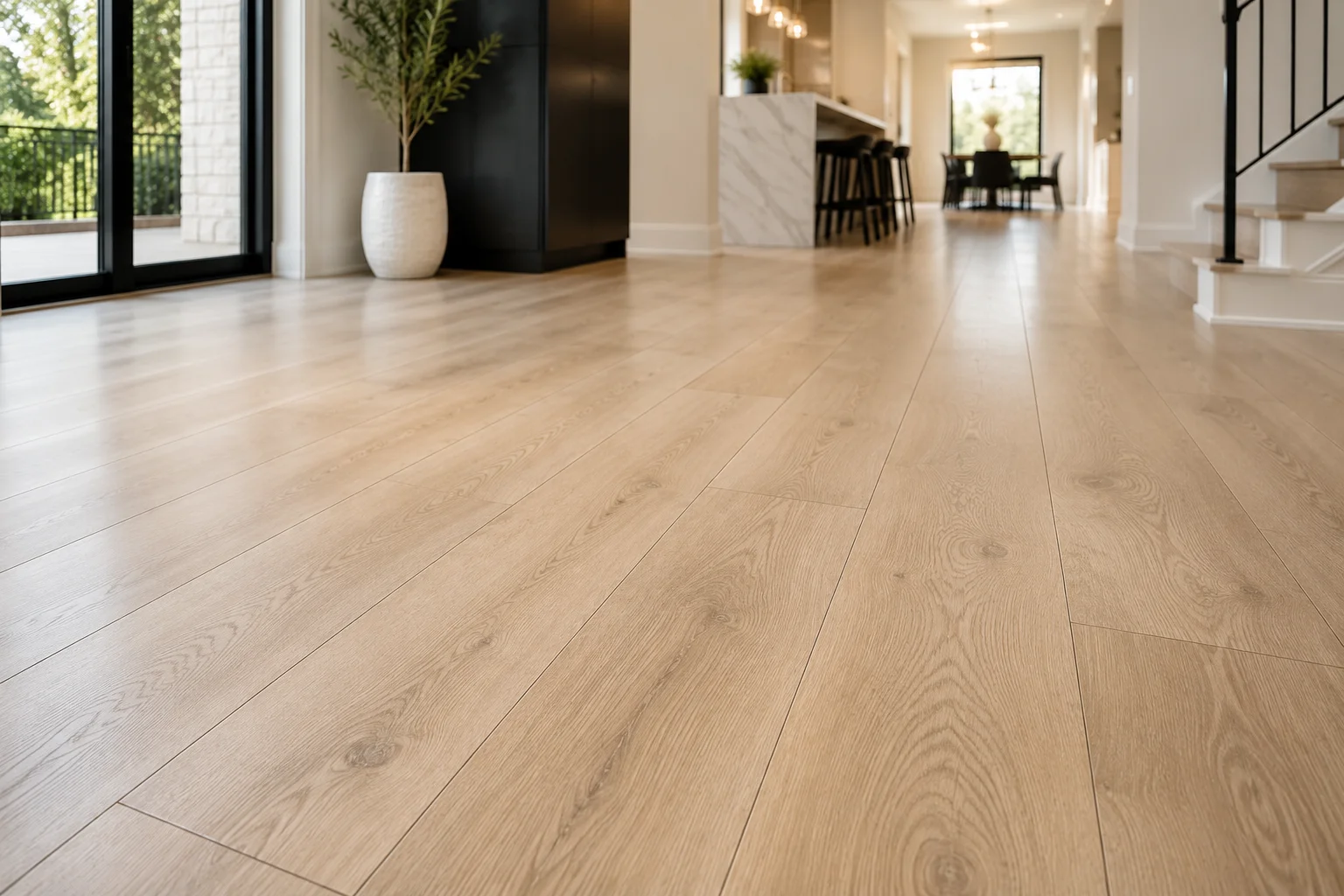 Newly installed flooring in a Westmont, Illinois home showing clean plank layout across an open living area. A Pro One Builders Group flooring installation project with visible subfloor transition at a doorway threshold.