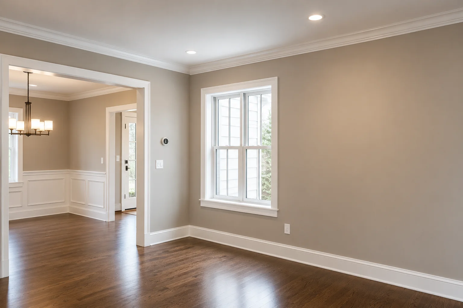 A freshly painted living room interior in a Westmont, IL home showing smooth white walls, clean trim lines, and a painted ceiling. The room is clear of debris with drop cloths removed, showing the completed interior painting result by Pro One Builders Group.