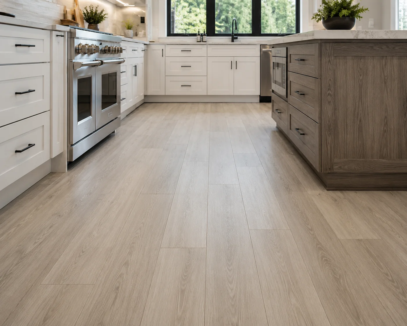 Newly installed water-resistant kitchen flooring in a Westmont, IL home, showing clean lines and a finished surface ready for daily use. The kitchen features updated flooring that replaces older worn material common in mid-century Westmont homes.