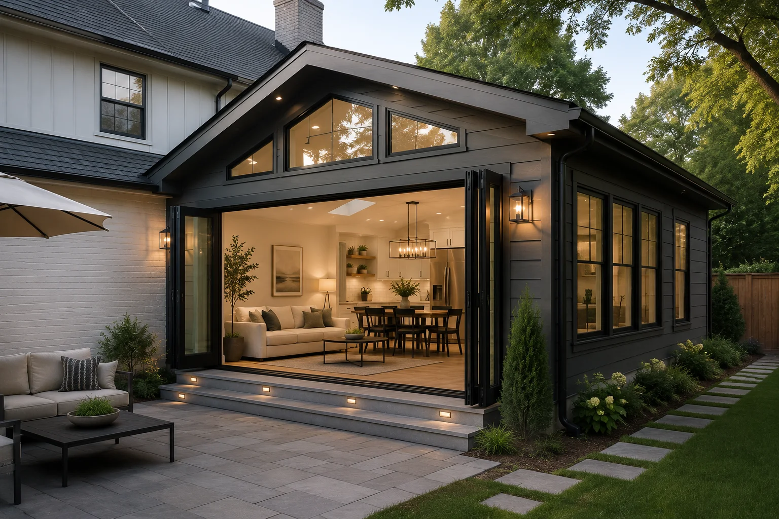 A newly completed single-story room addition on a mid-century single-family home in Westmont, Illinois, with matching exterior siding and a roofline that ties into the original structure. The addition includes a large window facing the backyard and a clean transition at the interior doorway connecting to the existing living space.