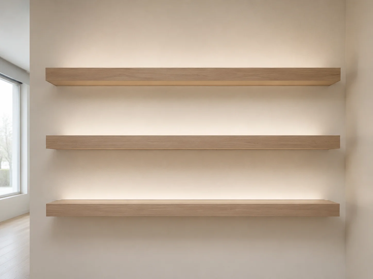 Carpenter installing wall-mounted wooden shelving inside a Westmont home, with brackets secured into wall studs and shelves set level across a closet or living room wall. Finished shelves show clean lines and even spacing suited to a single-family home interior.