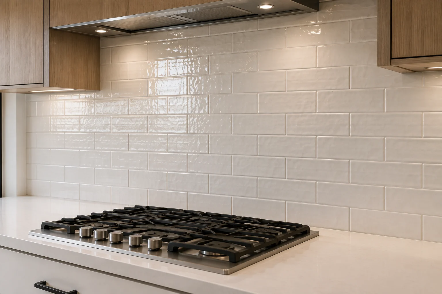 Freshly installed ceramic tile backsplash in a Westmont kitchen, showing clean grout lines, flush outlet covers, and tile set evenly between the countertop and upper cabinets. The installation covers the full wall section behind the sink and stove in a single-family home typical of the Westmont, IL area.