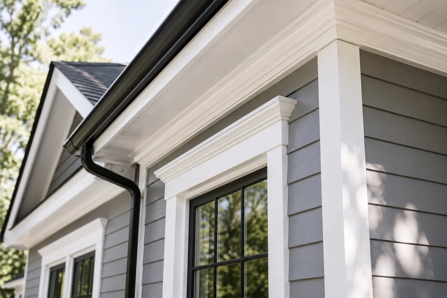 Freshly painted white exterior window and door trim on a mid-century ranch-style home in Westmont, Illinois, with clean caulked edges and no visible chipping. Close-up view showing crisp paint lines against light gray siding on a residential street.